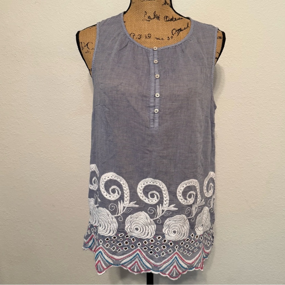 Talbots Blue and White Striped Embroidered Edge Sleeveless Top Small